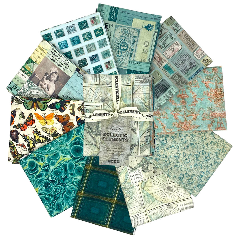 Eclectic Elements Palette: Teal Fat Quarter Bundle (10 pcs) by Tim Holtz for FreeSpirit