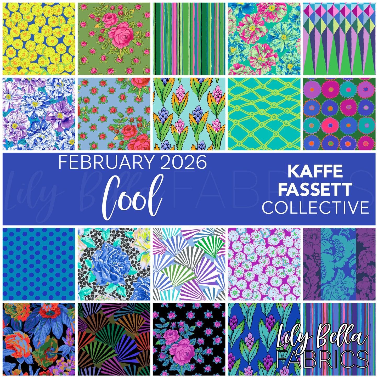 Cool - February 2026 Fat Quarter Bundle (20 pcs) by Kaffe Fassett Collective for FreeSpirit