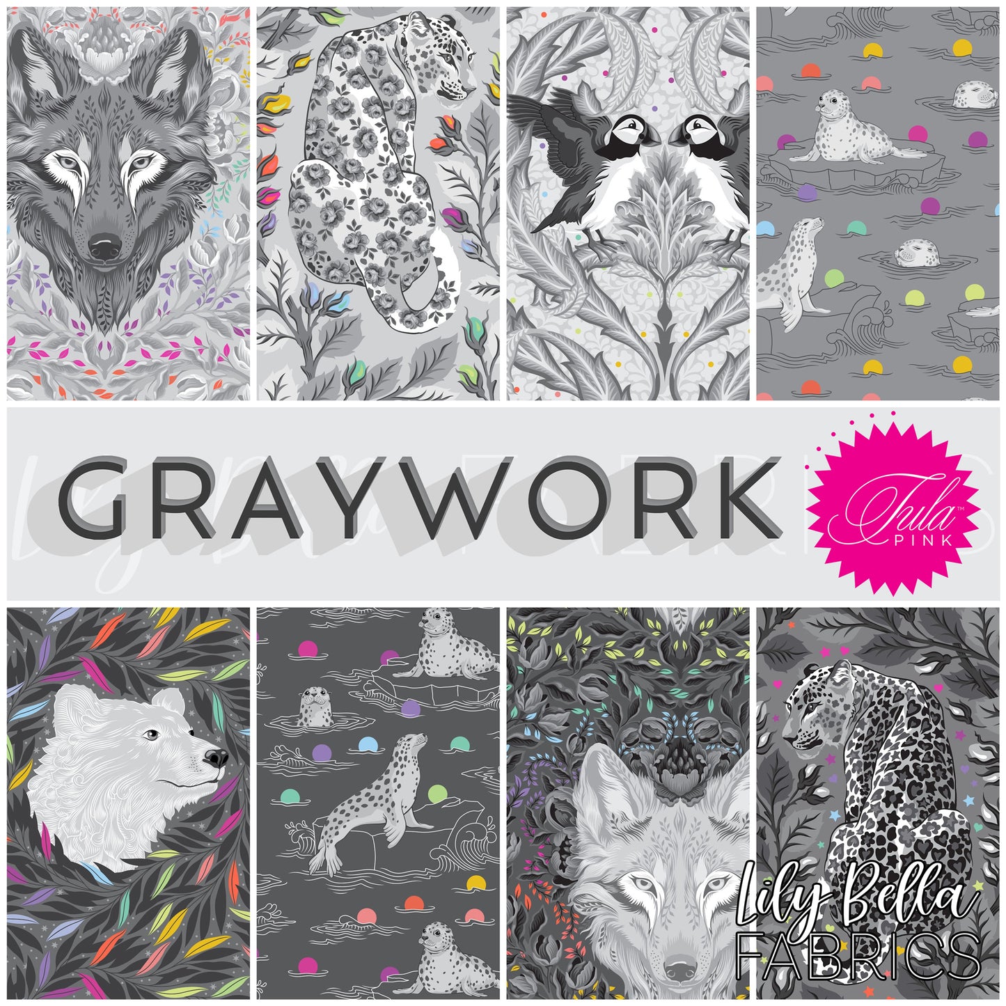Graywork Fat Quarter Bundle (8 pcs) by Tula Pink for FreeSpirit
