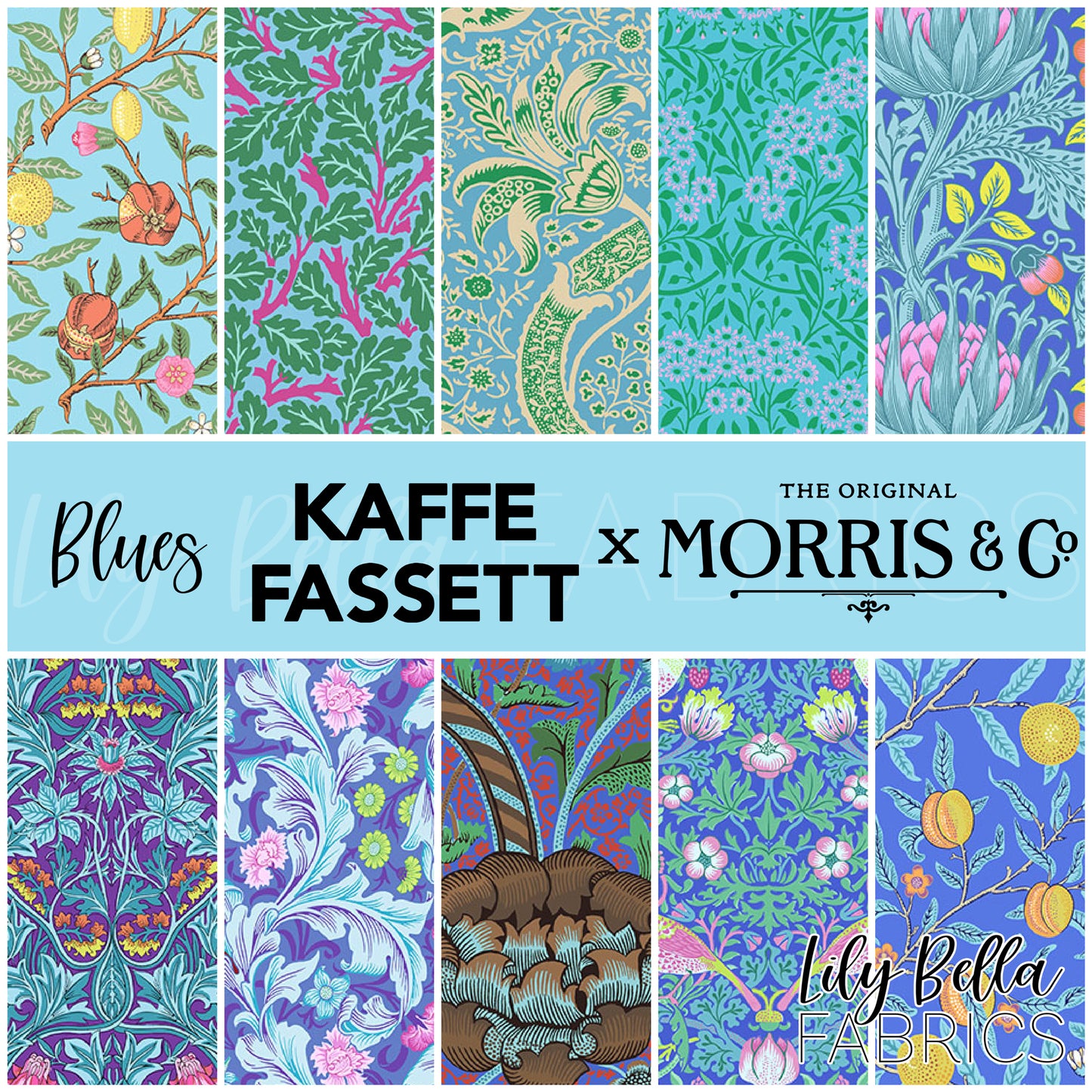 Blues - Kaffe Fassett x Morris & Co. Fat Eighth Bundle (10 pcs) for FreeSpirit