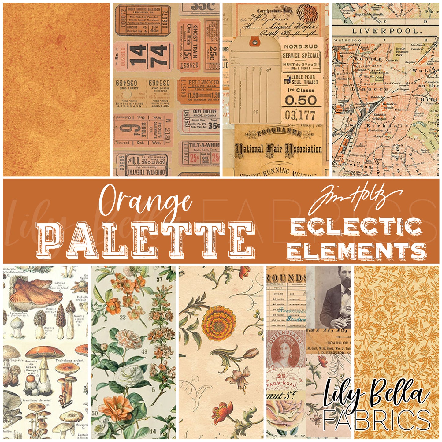 Eclectic Elements Palette: Orange Fat Eighth Bundle #2 (9 pieces) by Tim Holtz for FreeSpirit (TH.PALETTE.ORANGE.9FEB)
