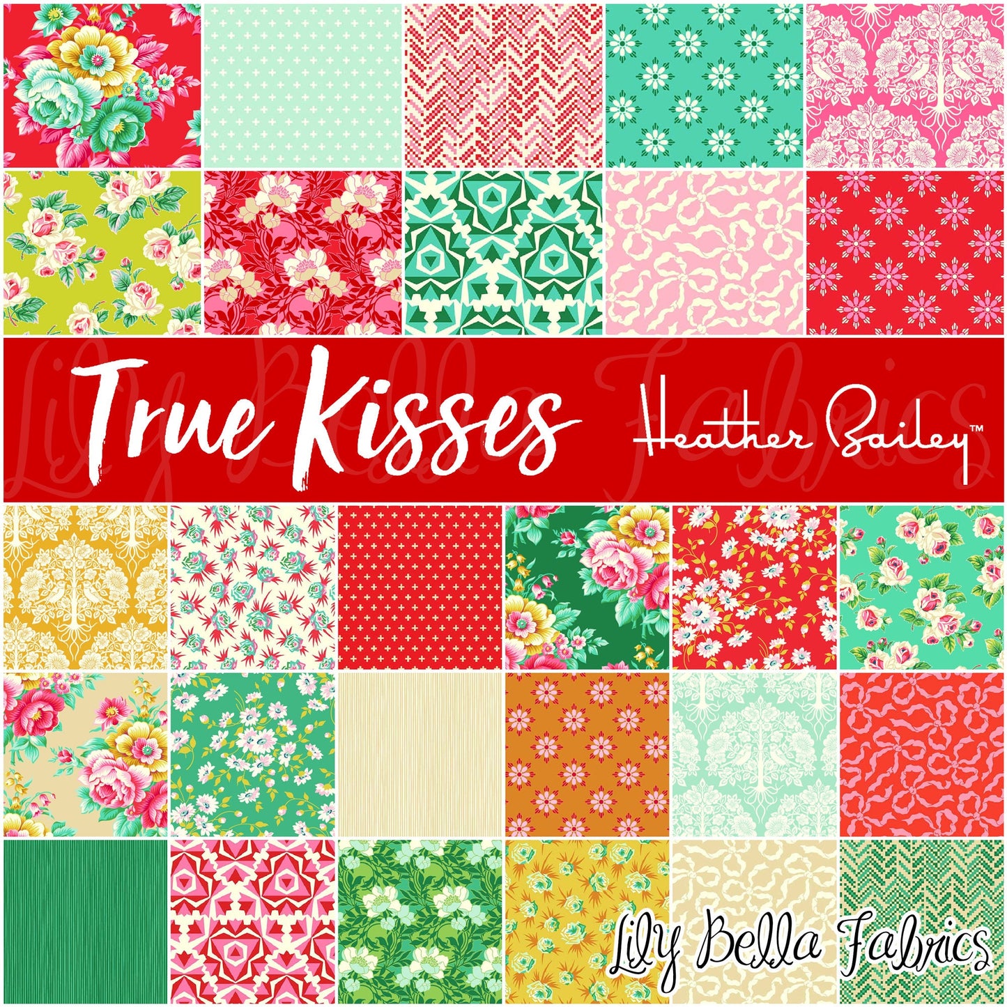 True Kisses Fat Quarter Bundle (7 pieces) by Heather Bailey for Figo Fabrics (HB.TRUEKISSES.GOLD.7FQ)