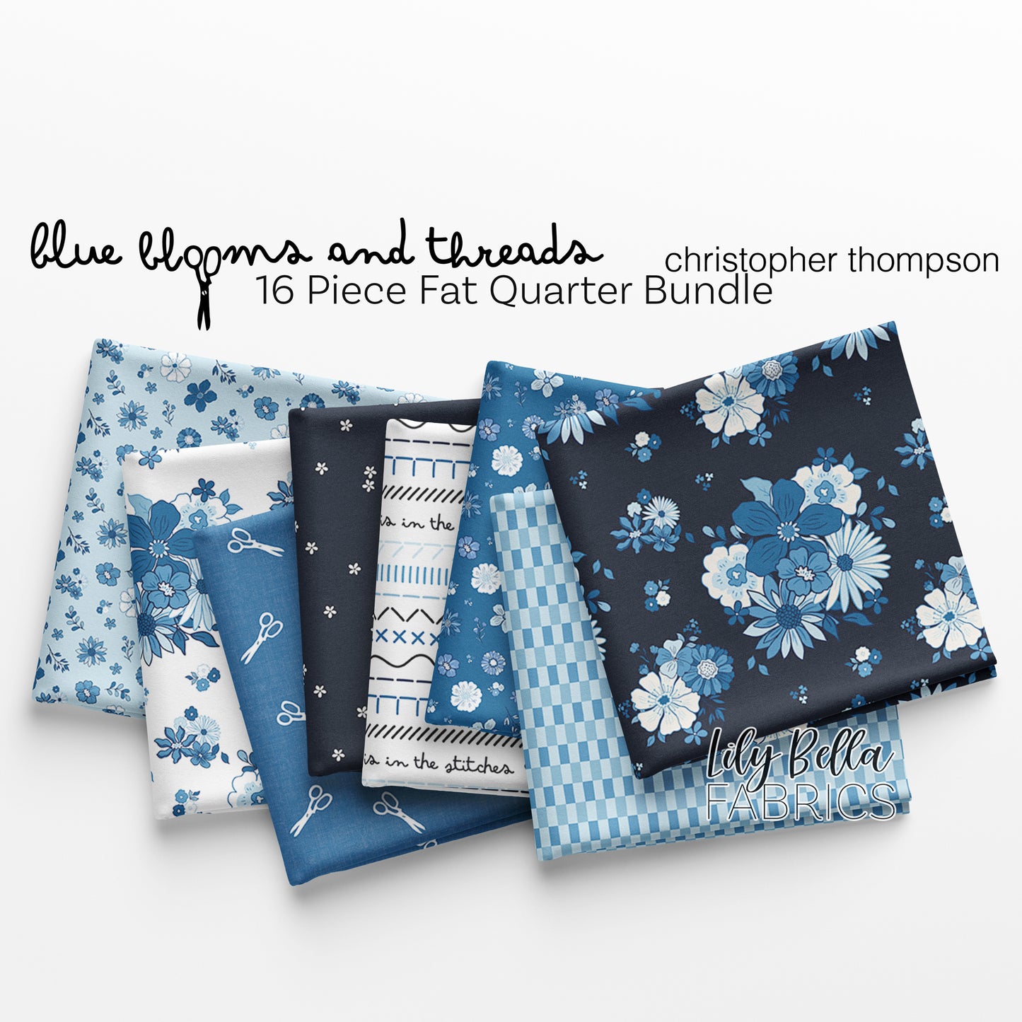Blue Blooms and Threads Fat Quarter Bundle (16 pieces) by Christopher Thompson for Riley Blake Designs (FQ-17120-16)