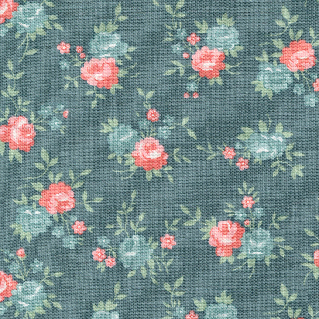 Floral pattern with pink and blue flowers on a dark blue background