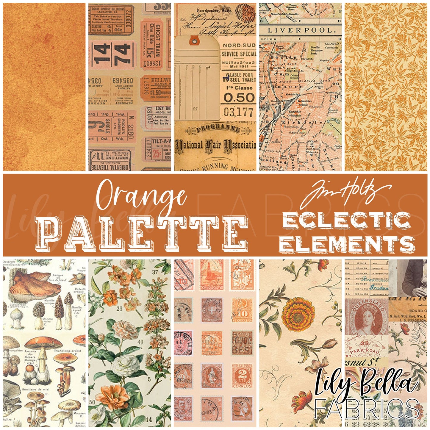 Eclectic Elements Palette: Orange Fat Quarter Bundle (10 pcs) by Tim Holtz for FreeSpirit