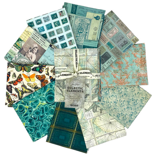 Eclectic Elements Palette: Teal Fat Quarter Bundle (10 pcs) by Tim Holtz for FreeSpirit
