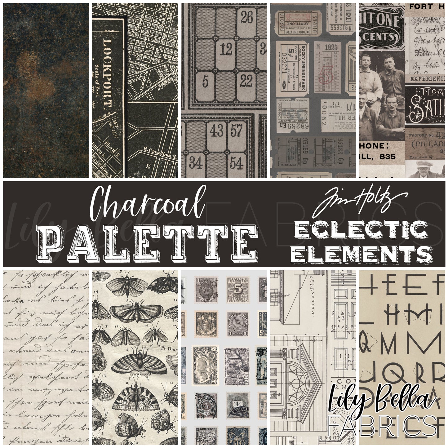 Eclectic Elements Palette: Charcoal Half Yard Bundle (10 pcs) by Tim Holtz for FreeSpirit