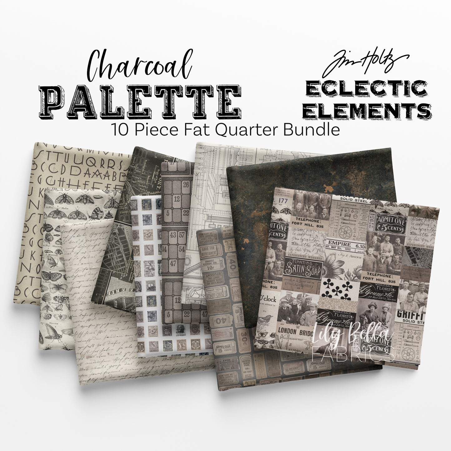 Eclectic Elements Palette: Charcoal Half Yard Bundle (10 pcs) by Tim Holtz for FreeSpirit