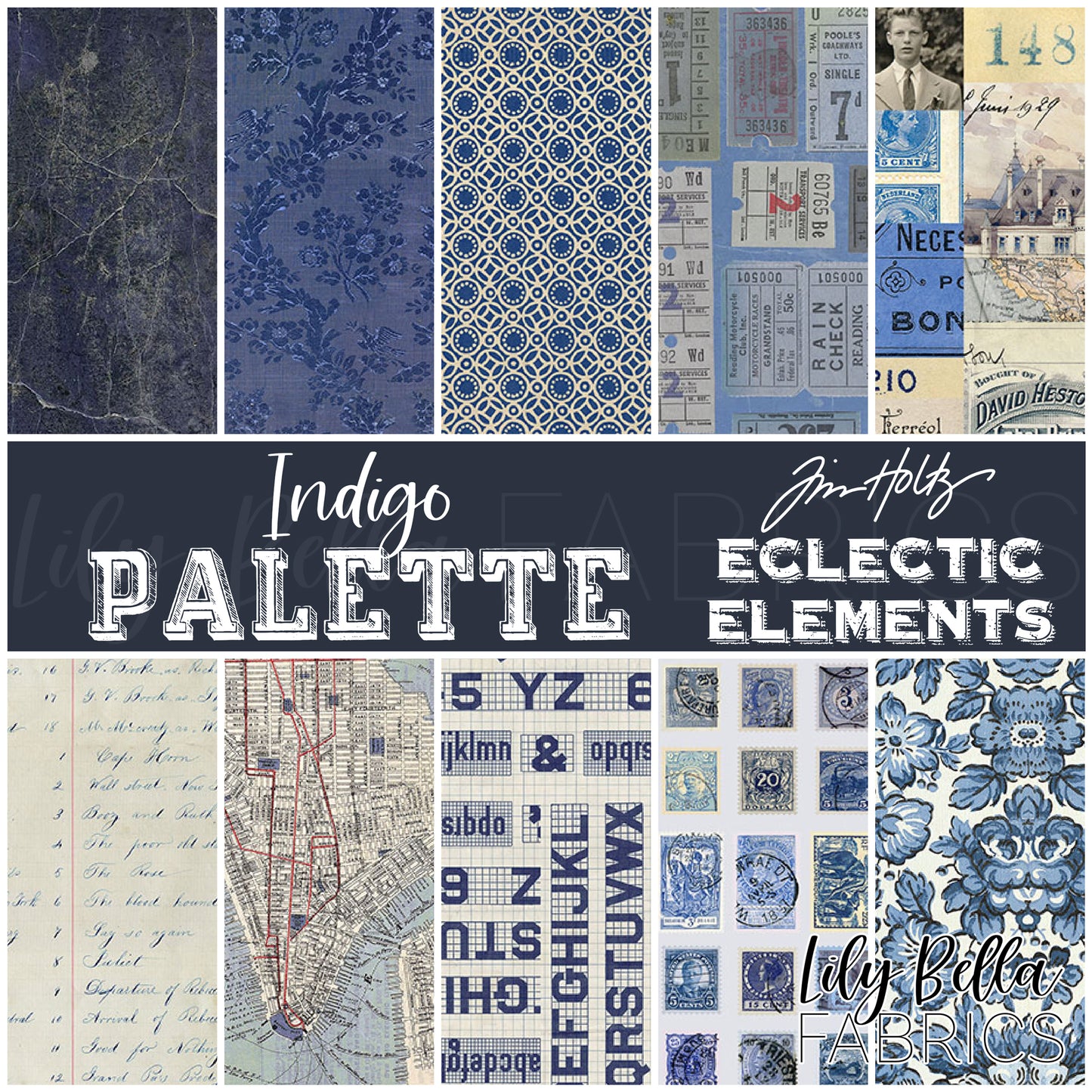 Eclectic Elements Palette: Indigo Fat Quarter Bundle (10 pcs) by Tim Holtz for FreeSpirit