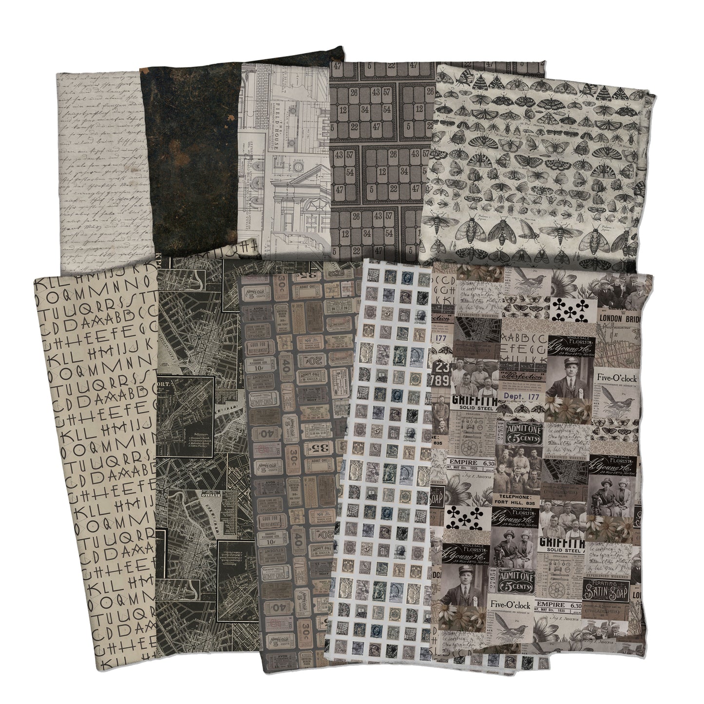 Eclectic Elements Palette: Charcoal Half Yard Bundle (10 pcs) by Tim Holtz for FreeSpirit