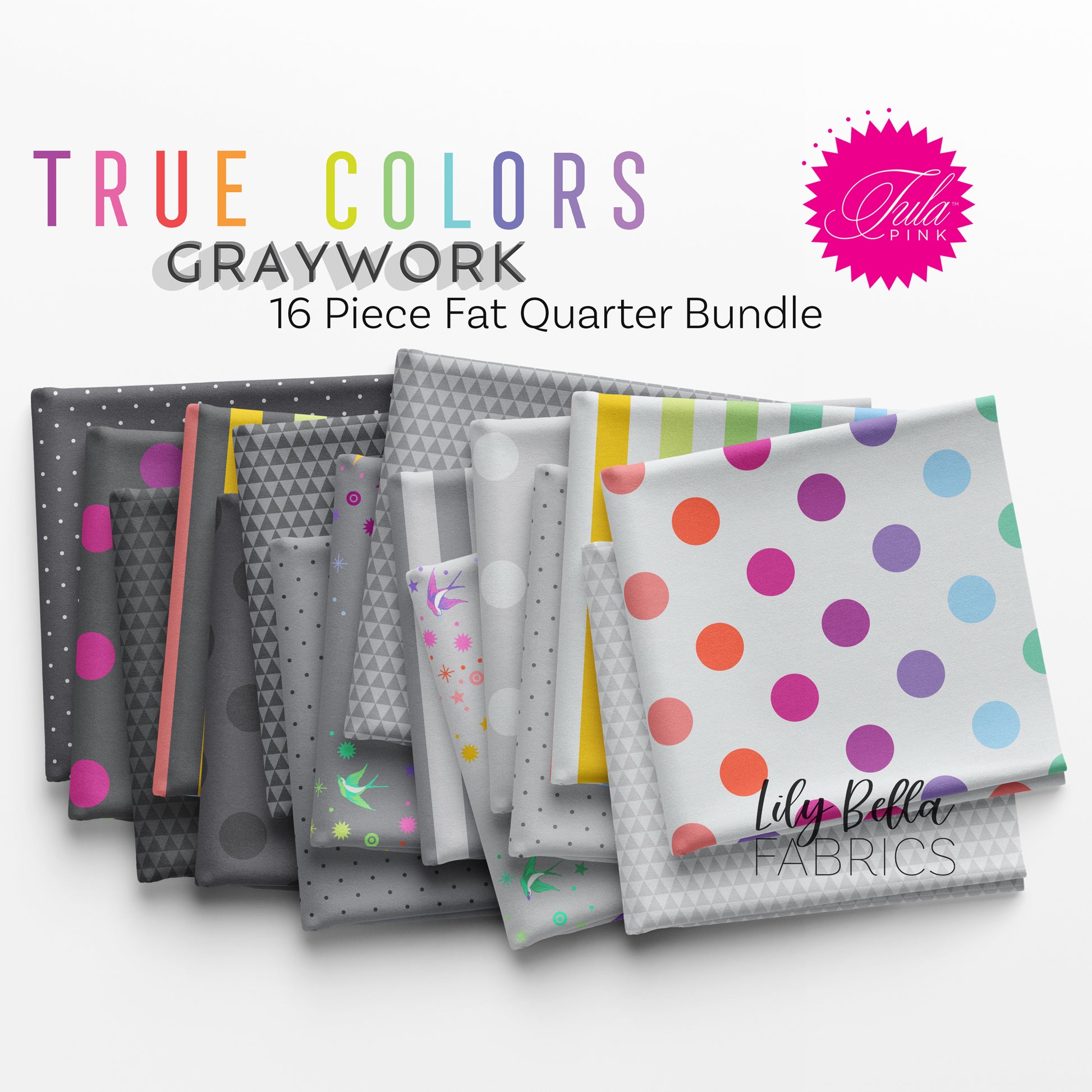 True Colors - Graywork Fat Quarter Bundle (16 pieces) by Tula Pink for FreeSpirit (TP.TCGRAYWORK.16FQ)