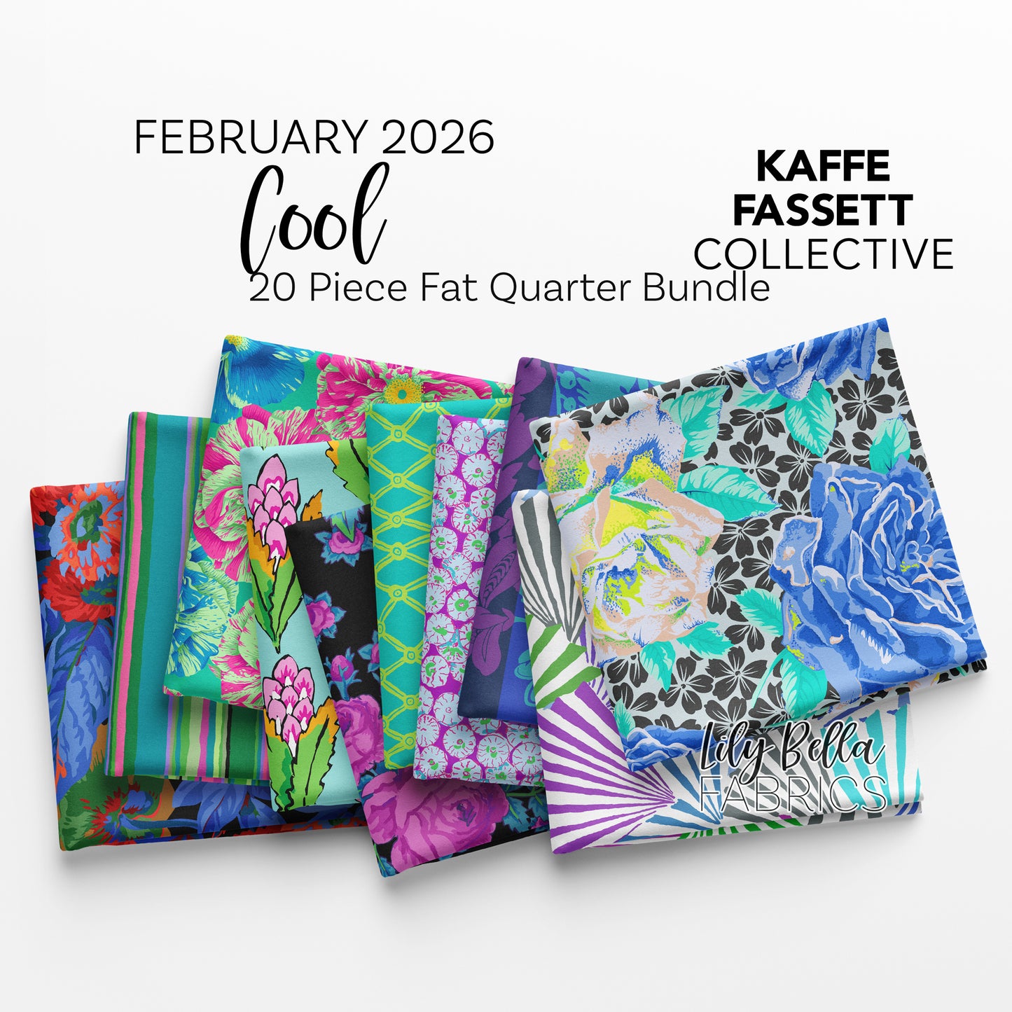 Cool - February 2026 Fat Quarter Bundle (20 pieces) by Kaffe Fassett Collective for FreeSpirit (FB4FQGP.FEB26COOL)