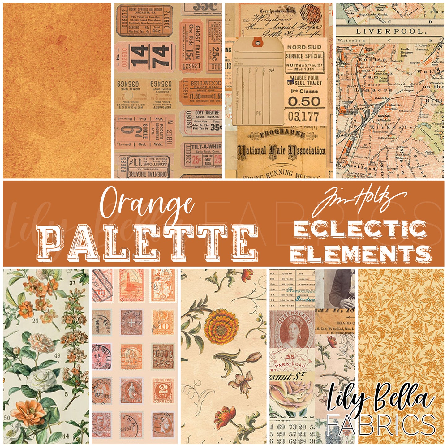 Eclectic Elements Palette: Orange Fat Eighth Bundle (9 pieces) by Tim Holtz for FreeSpirit (TH.PALETTE.ORANGE.9FE)