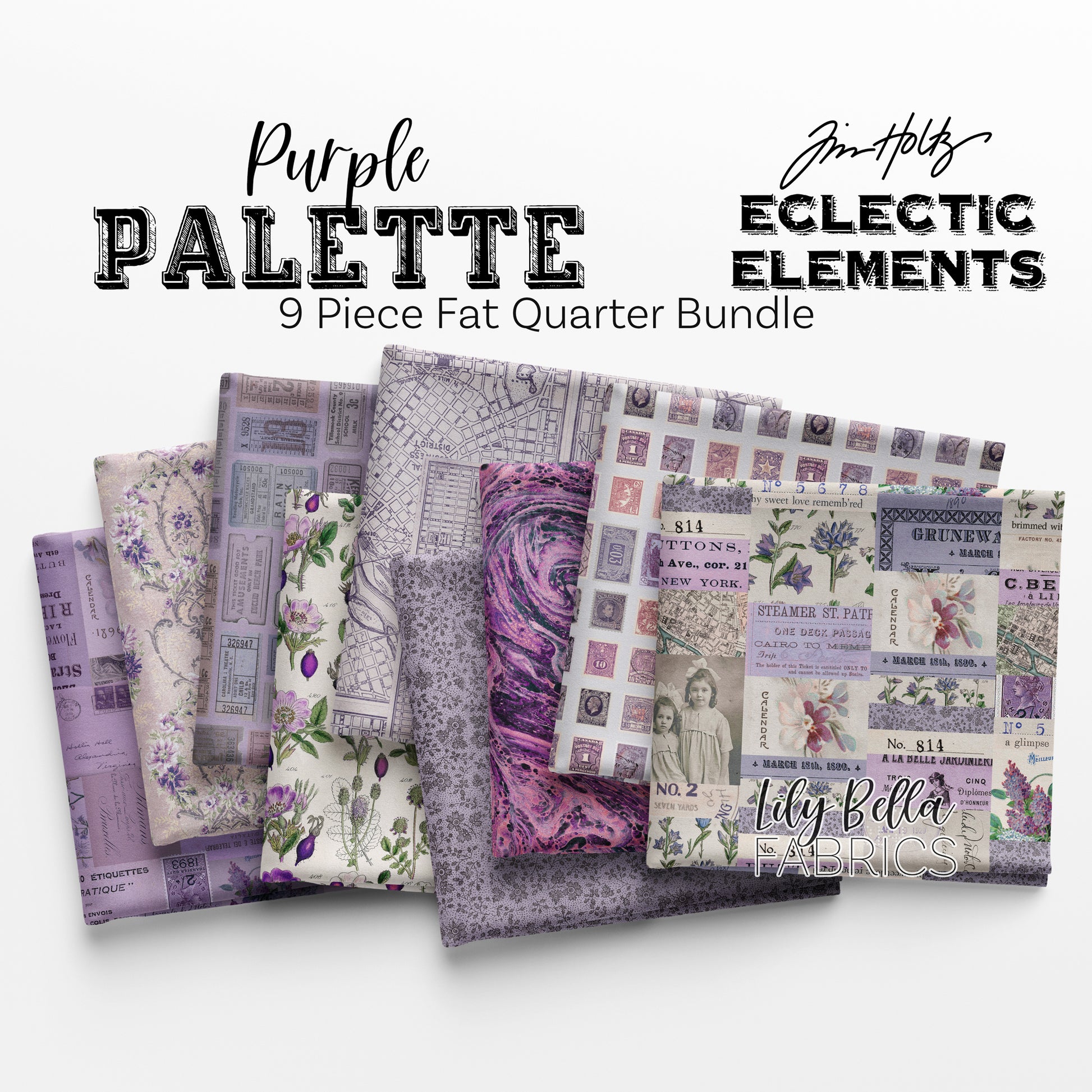 Eclectic Elements Palette: Purple Fat Quarter Bundle (9 pieces) by Tim Holtz for FreeSpirit Fabrics (TH.PALETTE.PURPLE.9FQ)
