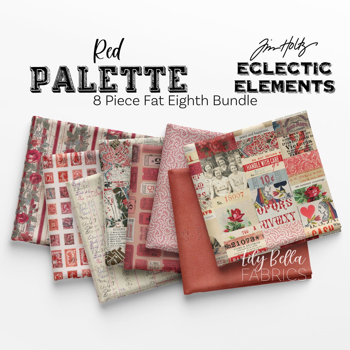 Eclectic Elements Palette: Red Fat Eighth Bundle (8 pieces) by Tim Holtz for FreeSpirit (TH.PALETTE.RED.8FE)