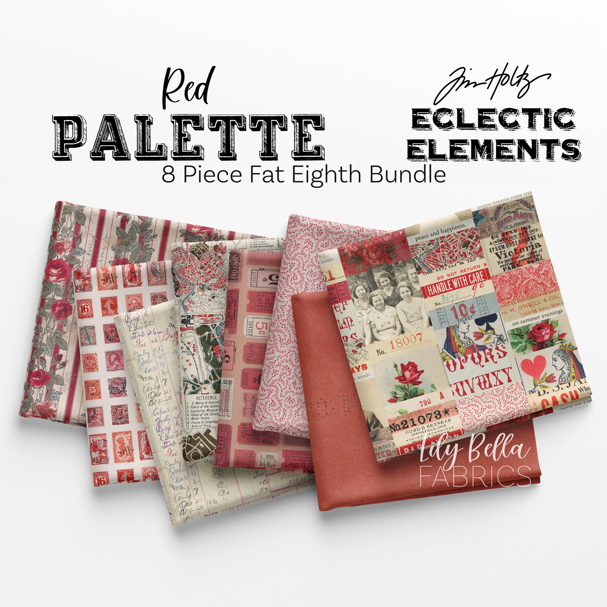 Eclectic Elements Palette: Red Fat Eighth Bundle (8 pieces) by Tim Holtz for FreeSpirit (TH.PALETTE.RED.8FE)
