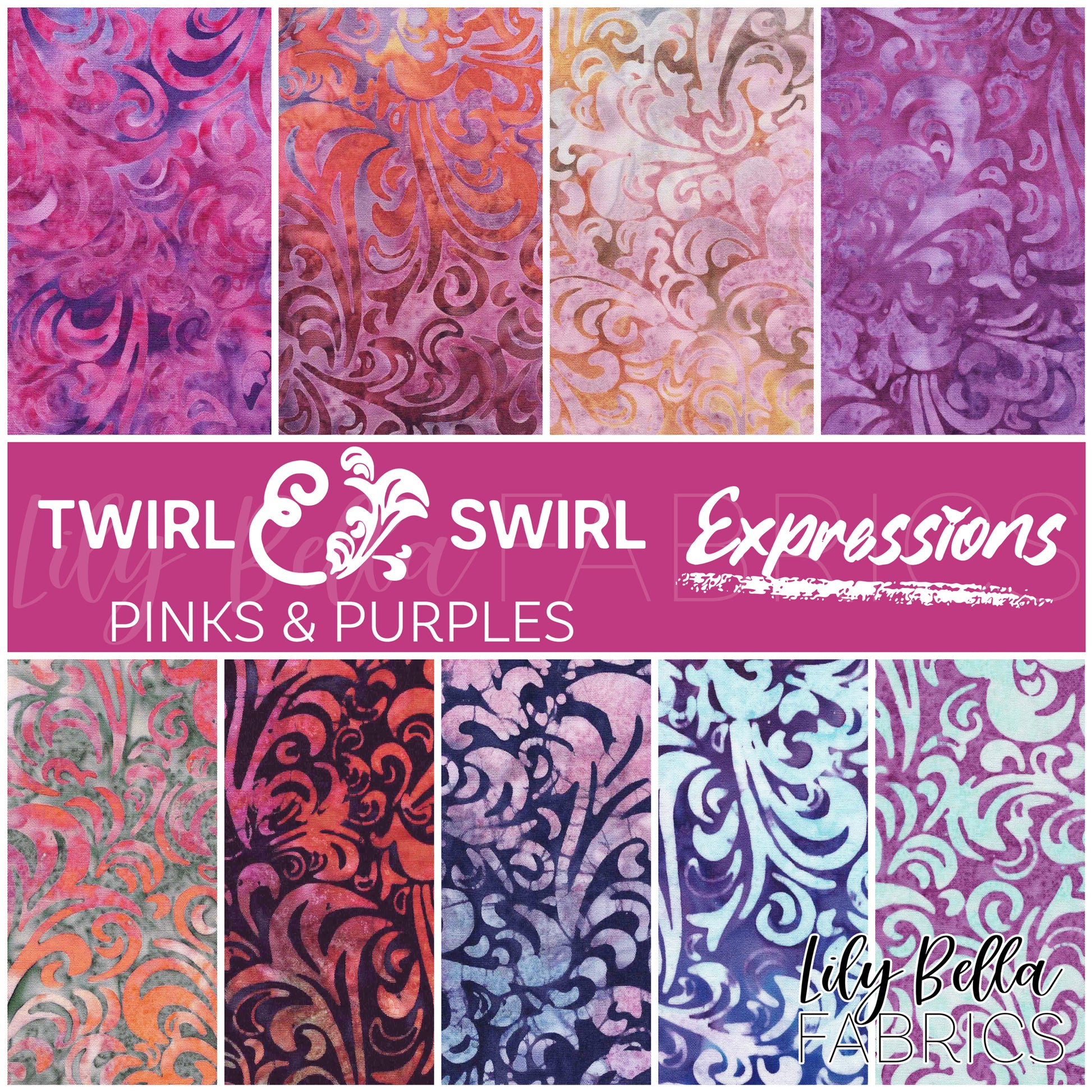 Twirl and Swirl Elementals Pinks and Purples Expressions Batiks Fat Quarter Bundle (9 pieces) by Riley Blake Designs (FQ-21901B-9)