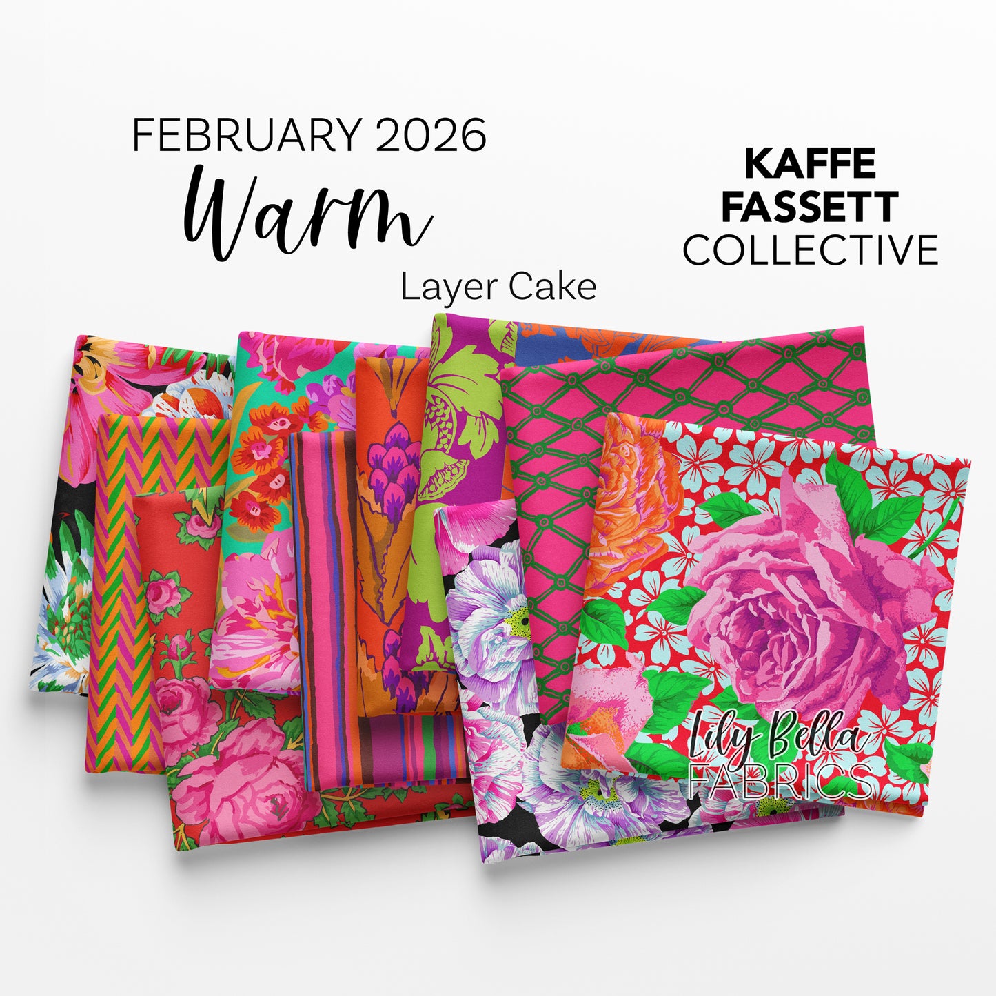 Warm - February 2026 10 Inch Charm Pack (42 pieces) by Kaffe Fassett Collective for FreeSpirit (FB610GP.FEB26WARM)